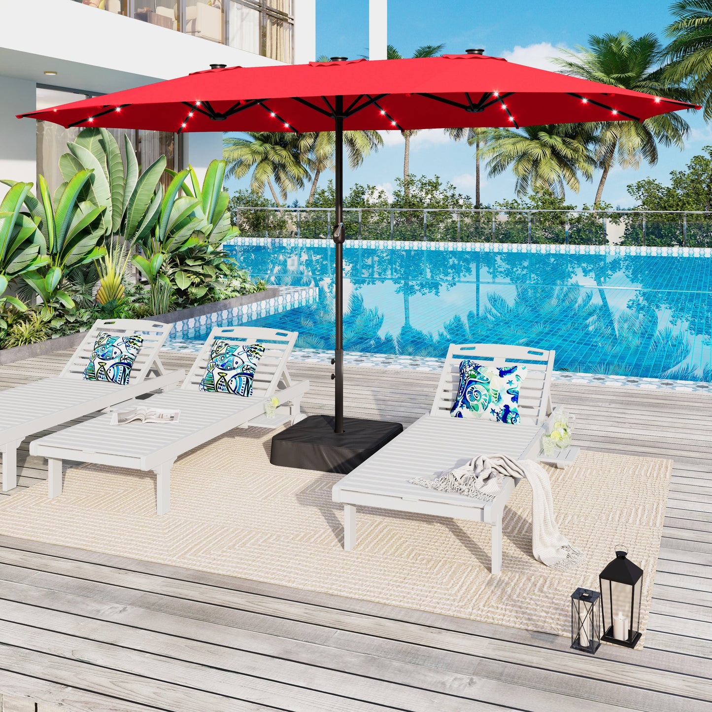 Parasol de jardin rectangulaire de 4,5 mètres à manivelle, double face, avec éclairage solaire LED, pour terrasse, avec socle inclus.
