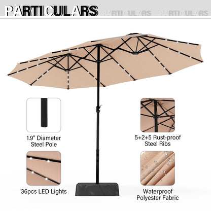 Parasol de jardin rectangulaire de 4,5 mètres à manivelle, double face, avec éclairage solaire LED, pour terrasse, avec socle inclus.