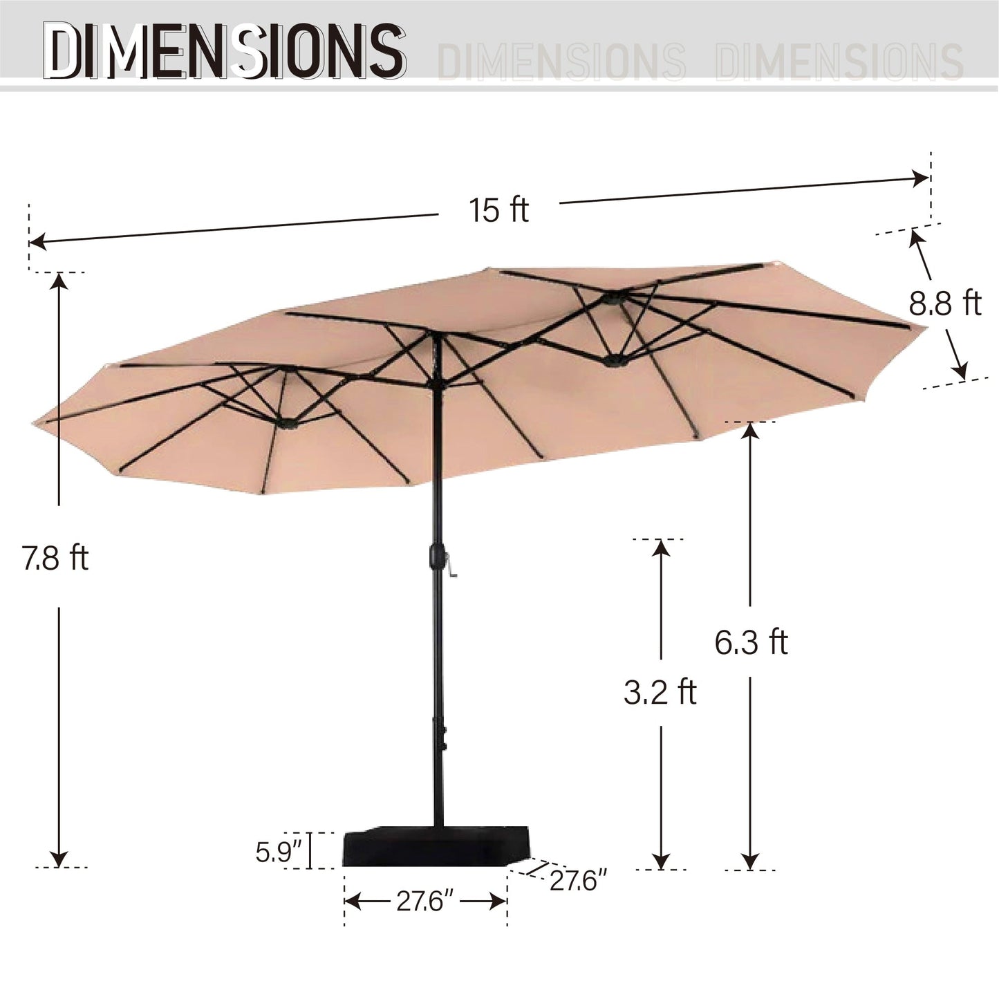 Parasol de jardin rectangulaire de 4,5 mètres à manivelle, double face, avec éclairage solaire LED, pour terrasse, avec socle inclus.