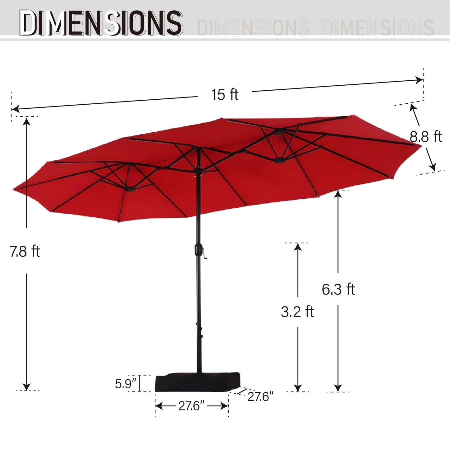 Parasol de jardin rectangulaire de 4,5 mètres à manivelle, double face, avec éclairage solaire LED, pour terrasse, avec socle inclus.