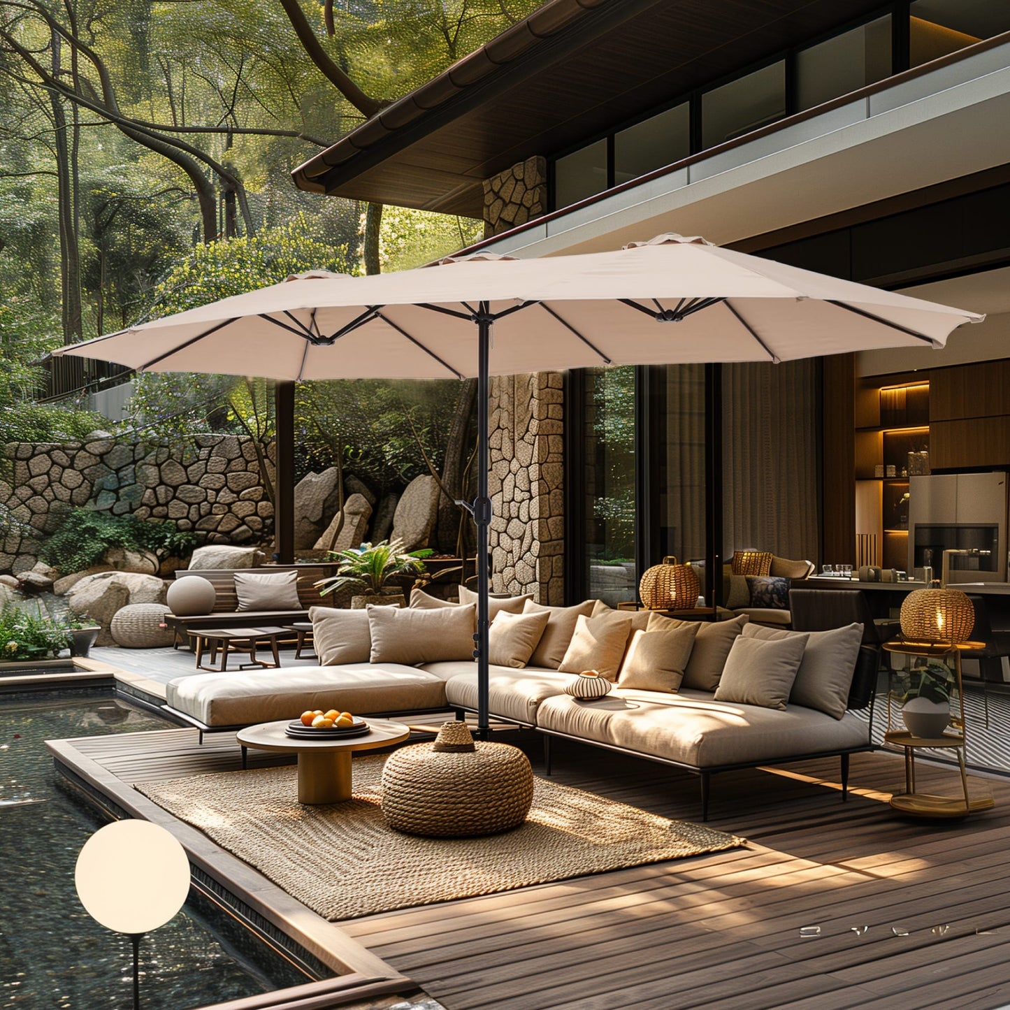 Parasol de jardin rectangulaire de 4,5 mètres à manivelle, double face, avec éclairage solaire LED, pour terrasse, avec socle inclus.