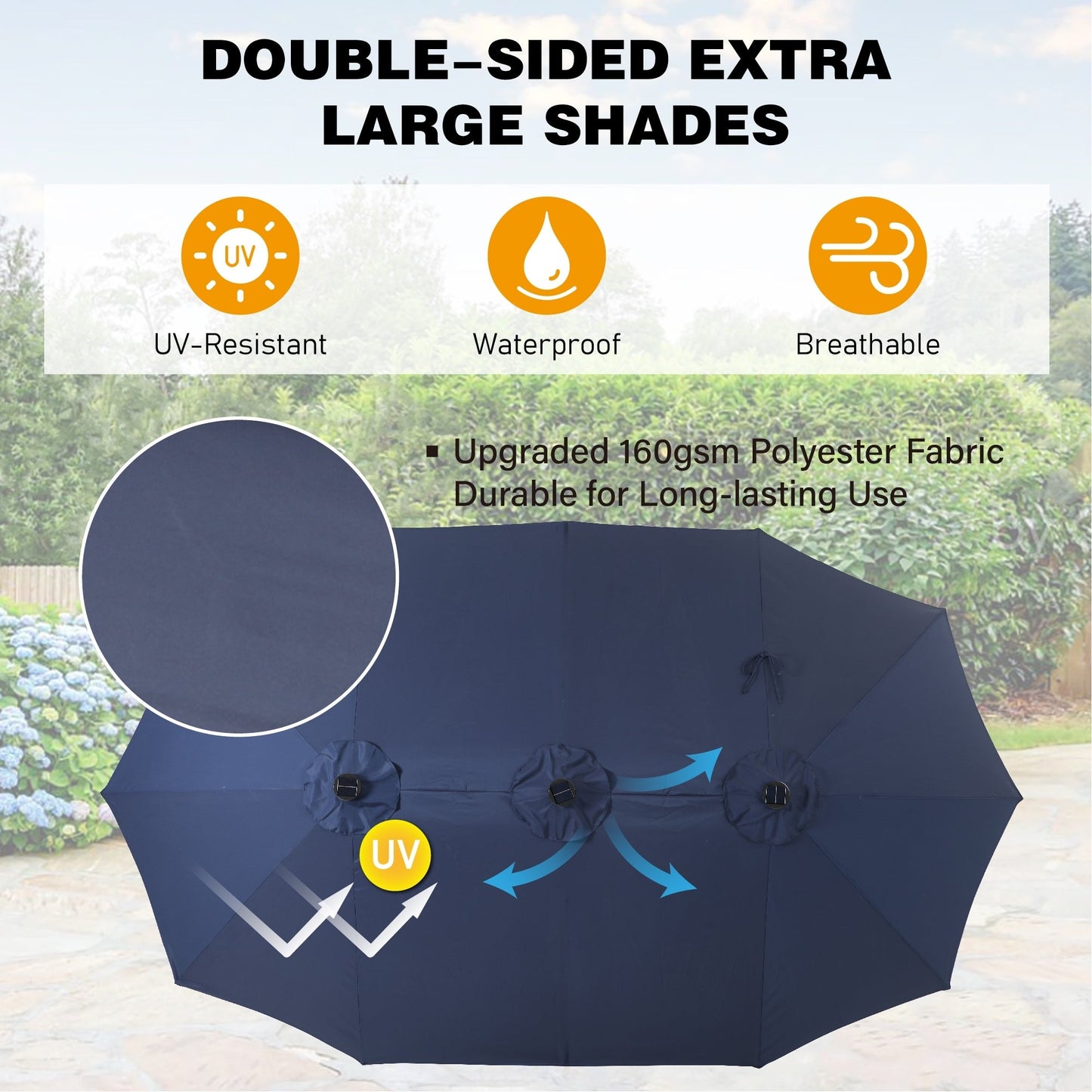 Parasol de jardin rectangulaire de 4,5 mètres à manivelle, double face, avec éclairage solaire LED, pour terrasse, avec socle inclus.