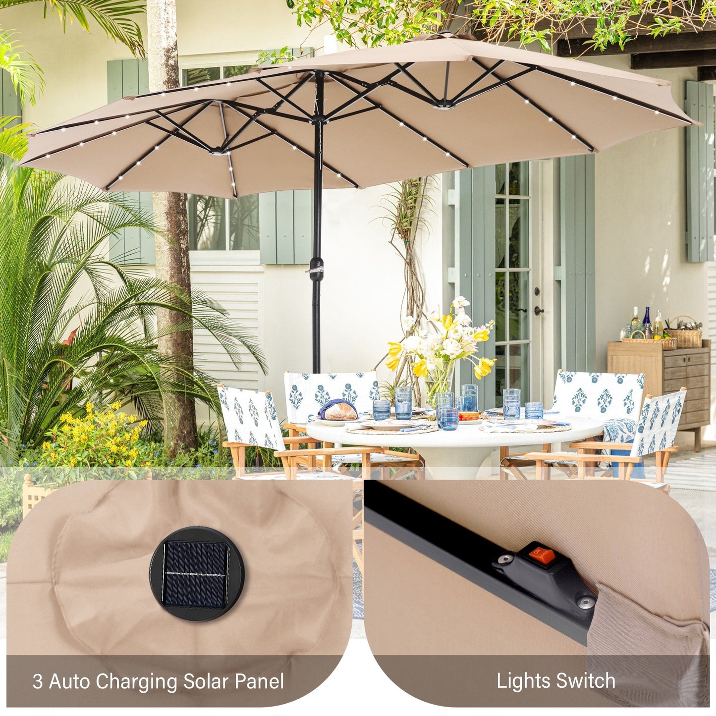 Parasol de jardin rectangulaire de 4,5 mètres à manivelle, double face, avec éclairage solaire LED, pour terrasse, avec socle inclus.