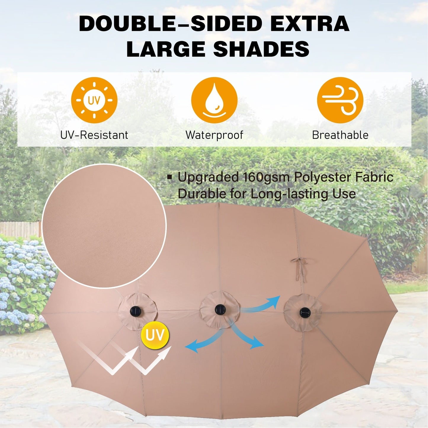 Parasol de jardin rectangulaire de 4,5 mètres à manivelle, double face, avec éclairage solaire LED, pour terrasse, avec socle inclus.