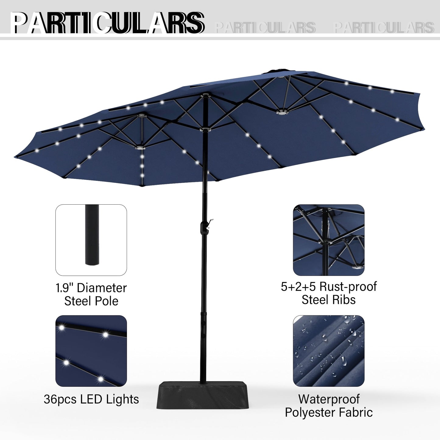 Parasol de jardin rectangulaire de 4,5 mètres à manivelle, double face, avec éclairage solaire LED, pour terrasse, avec socle inclus.