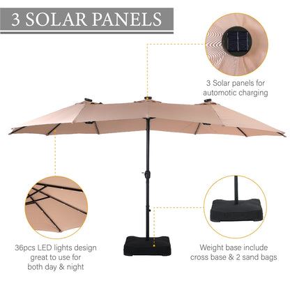 Parasol de jardin rectangulaire de 4,5 mètres à manivelle, double face, avec éclairage solaire LED, pour terrasse, avec socle inclus.