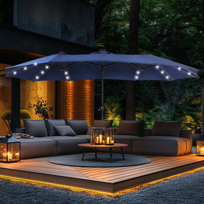 Parasol de jardin rectangulaire de 4,5 mètres à manivelle, double face, avec éclairage solaire LED, pour terrasse, avec socle inclus.
