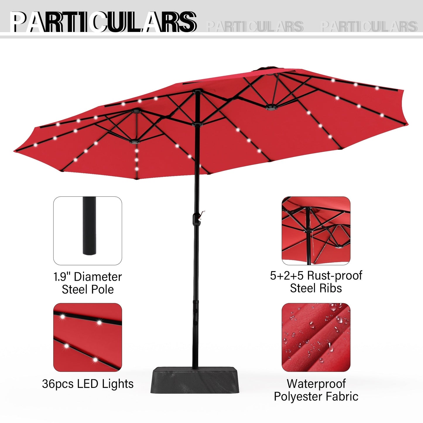 Parasol de jardin rectangulaire de 4,5 mètres à manivelle, double face, avec éclairage solaire LED, pour terrasse, avec socle inclus.