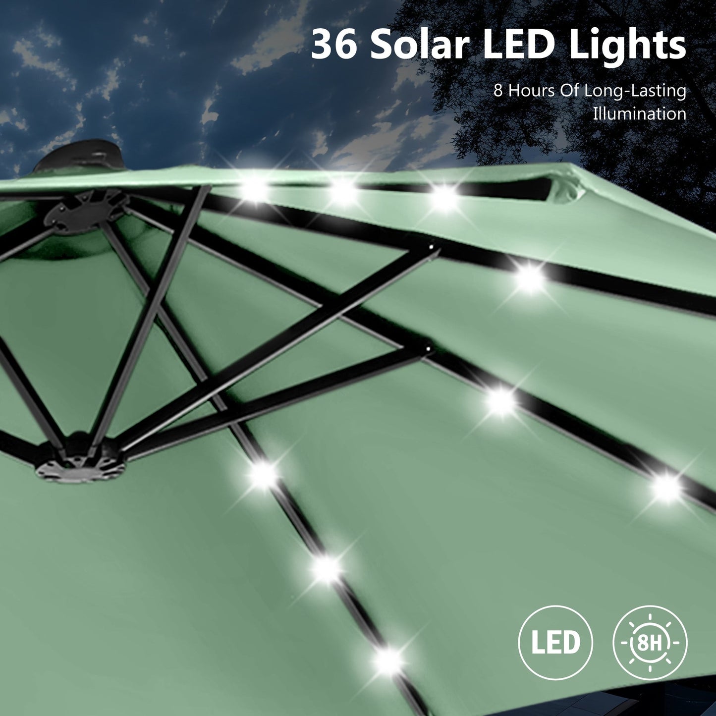 Parasol de jardin rectangulaire MAISON ARTS de 4,5 mètres, à manivelle, double face, avec éclairage solaire LED, pour terrasse, avec socle inclus.
