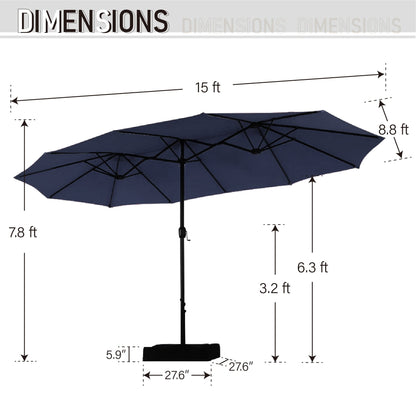 Parasol de jardin rectangulaire de 4,5 mètres à manivelle, double face, avec éclairage solaire LED, pour terrasse, avec socle inclus.