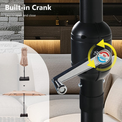 Parasol de jardin rectangulaire de 4,5 mètres à manivelle, double face, avec éclairage solaire LED, pour terrasse, avec socle inclus.