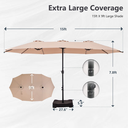 Parasol de jardin rectangulaire de 4,5 mètres à manivelle, double face, avec éclairage solaire LED, pour terrasse, avec socle inclus.