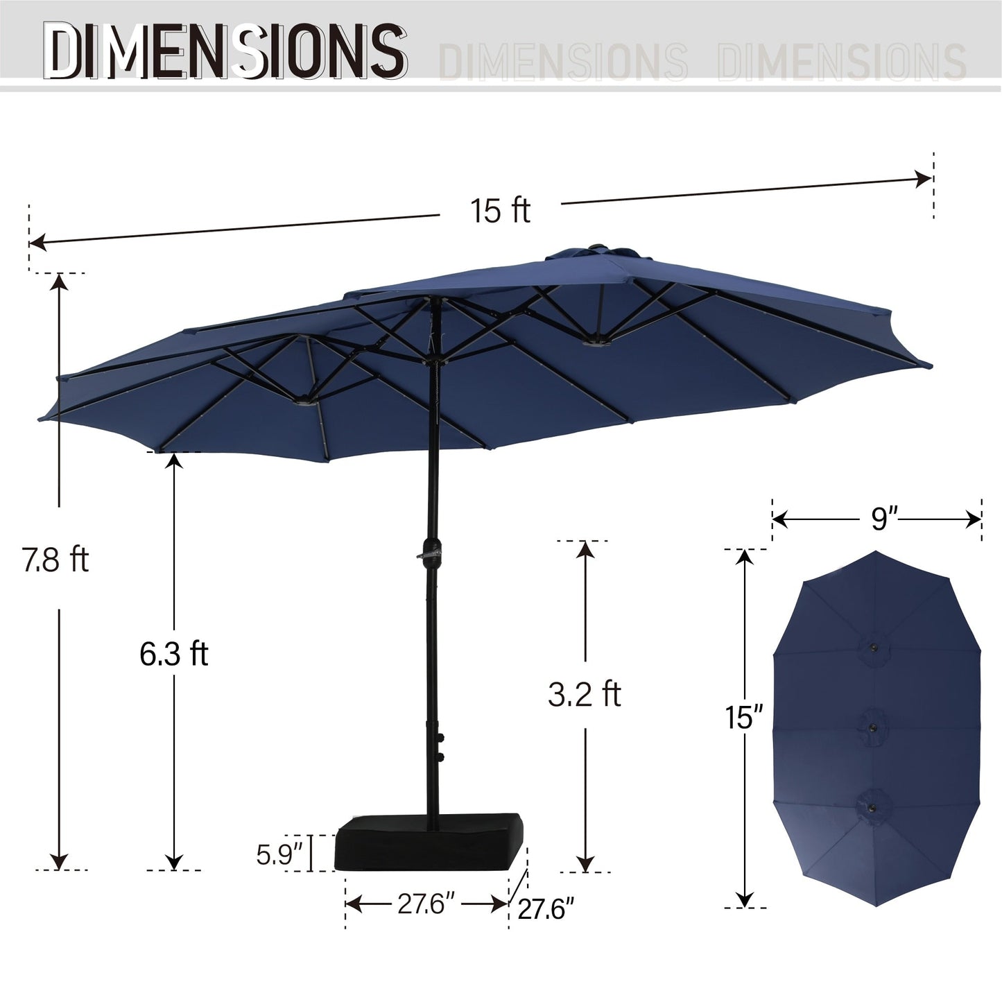 Parasol de jardin rectangulaire MAISON ARTS de 4,5 mètres, à manivelle, double face, avec éclairage solaire LED, pour terrasse, avec socle inclus.