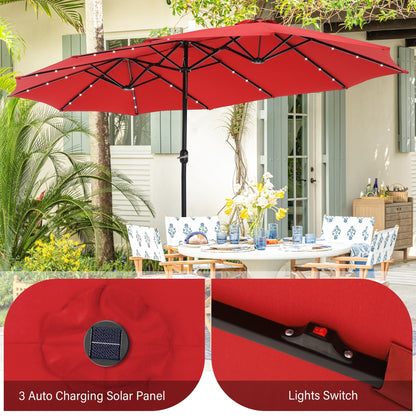 Parasol de jardin rectangulaire de 4,5 mètres à manivelle, double face, avec éclairage solaire LED, pour terrasse, avec socle inclus.