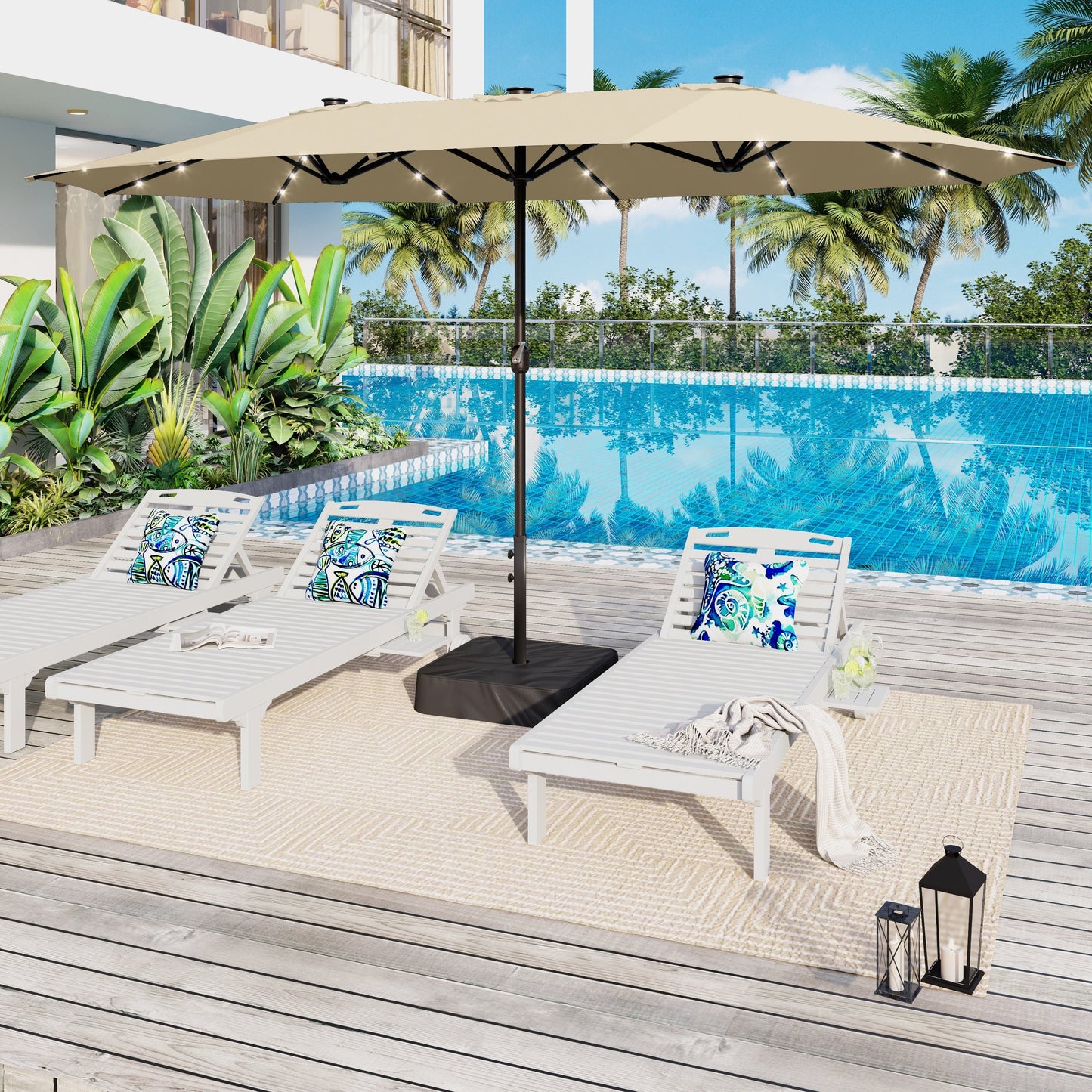 Parasol de jardin rectangulaire de 4,5 mètres à manivelle, double face, avec éclairage solaire LED, pour terrasse, avec socle inclus.