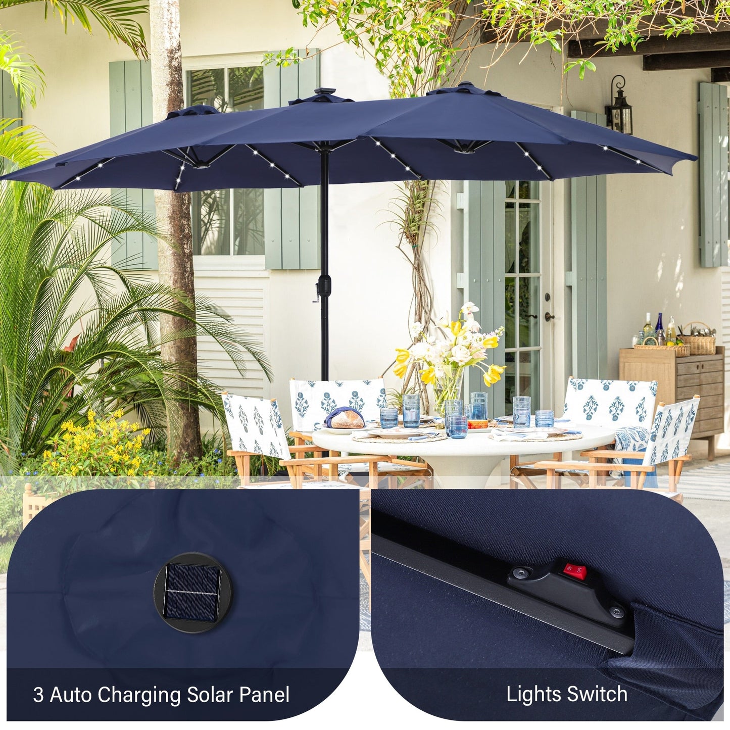 Parasol de jardin rectangulaire de 4,5 mètres à manivelle, double face, avec éclairage solaire LED, pour terrasse, avec socle inclus.