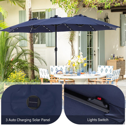 Parasol de jardin rectangulaire de 4,5 mètres à manivelle, double face, avec éclairage solaire LED, pour terrasse, avec socle inclus.