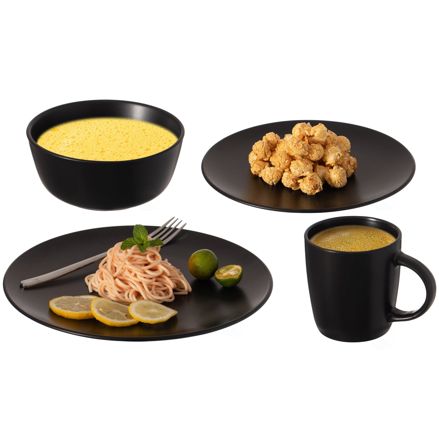 16 PC Dinnerware Dish Set for 4 Person | Mugs, Salad and Dinner Plates and Bowls Sets, Chip and Crack Resistant, Matte Black