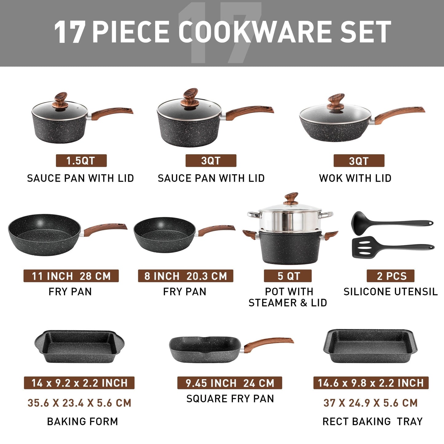 Ensemble de 17 pièces de casseroles et poêles en granit pour cuisine, ensemble de cuisson antiadhésif