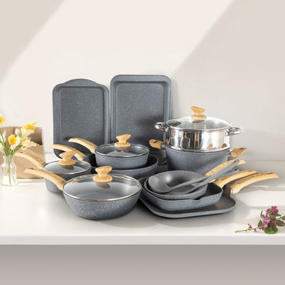 Ensemble de 17 pièces de casseroles et poêles en granit pour cuisine, ensemble de cuisson antiadhésif