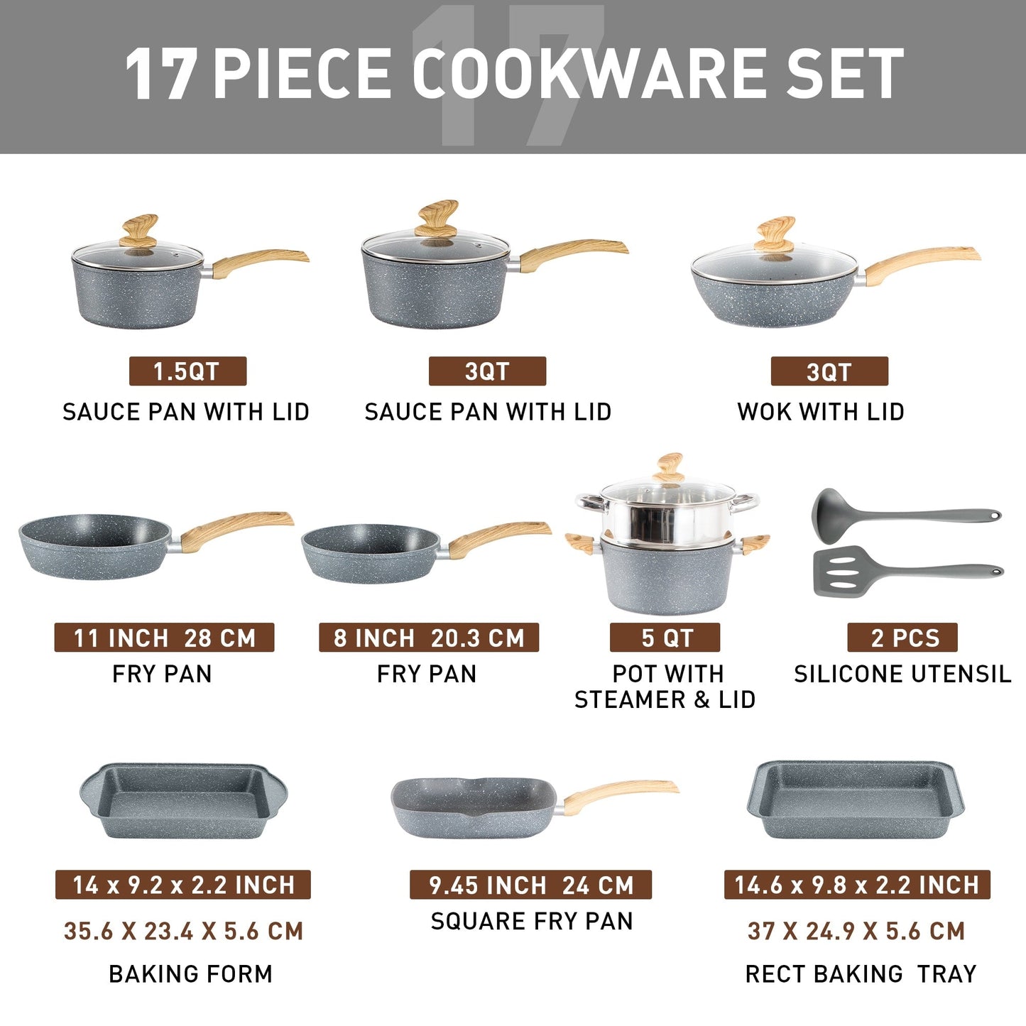 Ensemble de 17 pièces de casseroles et poêles en granit pour cuisine, ensemble de cuisson antiadhésif