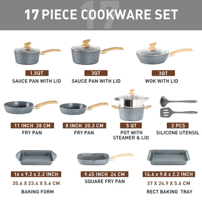 Ensemble de 17 pièces de casseroles et poêles en granit pour cuisine, ensemble de cuisson antiadhésif