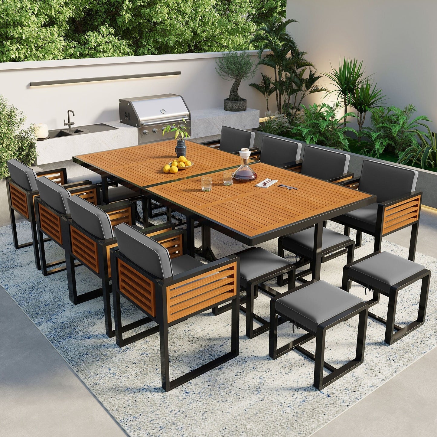 18-Pieces Acacia Wood Patio Dining Set, 8 Cushioned Chairs & 8 Ottomans & 2 Square Table