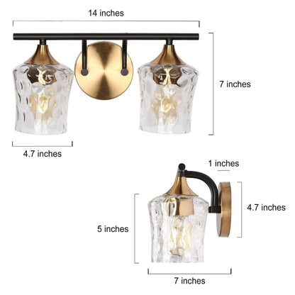 Applique murale moderne pour salle de bain, 2/3/4 lumières, or et noir, avec verre martelé.
