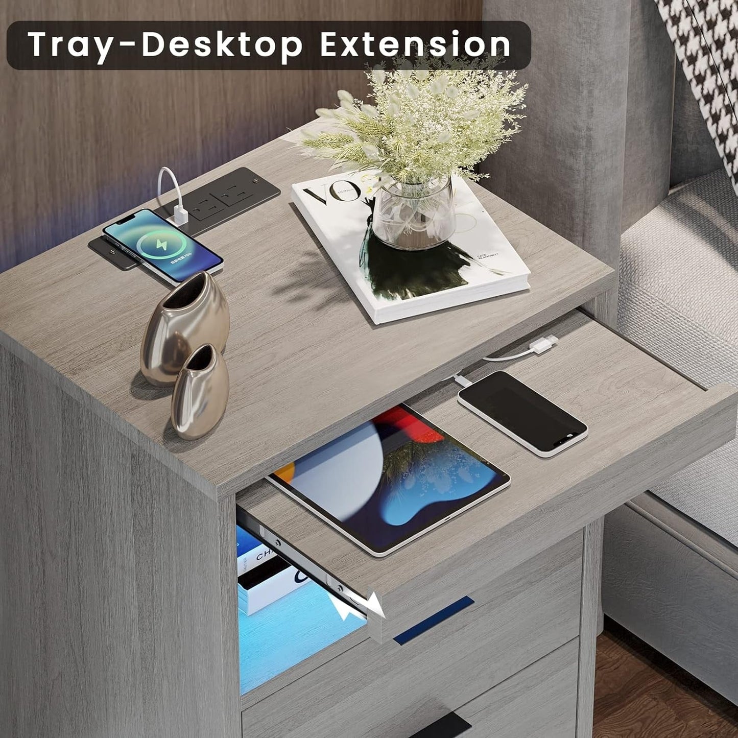 2 Drawers LED Nightstand Wireless Charging Station Pull-Out Shelf