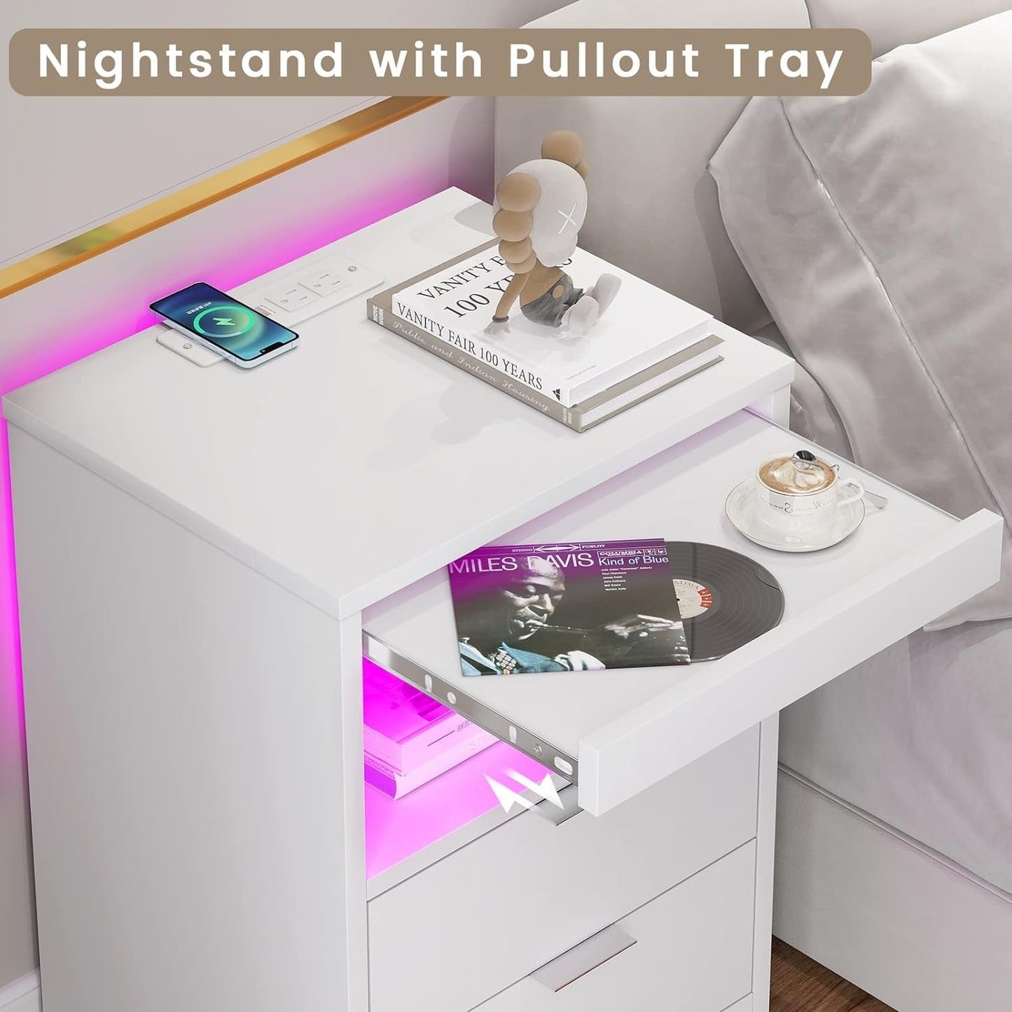 2 Drawers LED Nightstand Wireless Charging Station Pull-Out Shelf
