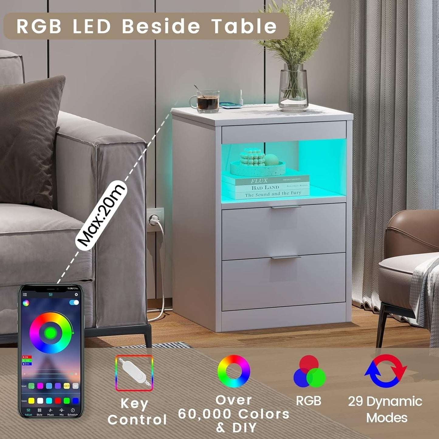 2 Drawers LED Nightstand Wireless Charging Station Pull-Out Shelf