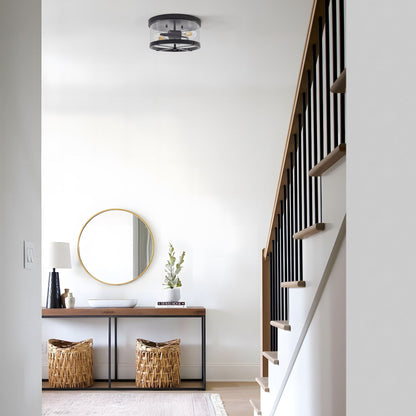 2-Light Flush Mount Clear Glass Ceiling Light with Metal Frame