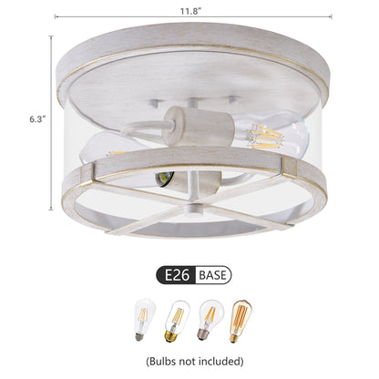 2-Light Flush Mount Clear Glass Ceiling Light with Metal Frame