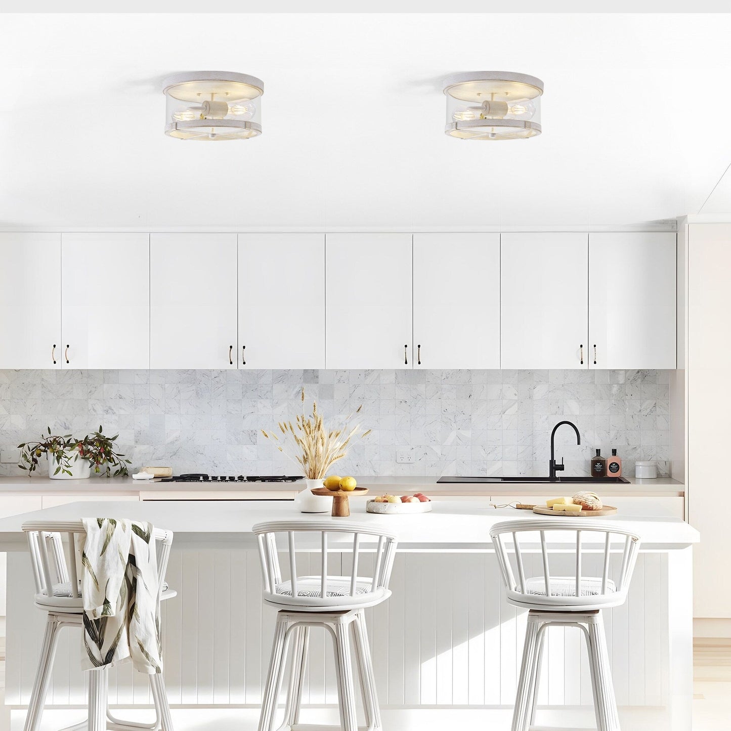 2-Light Flush Mount Clear Glass Ceiling Light with Metal Frame