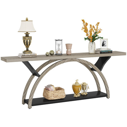 Table console de canapé étroite et longue à 2 niveaux avec cadre semi-circulaire pour entrée, tables d'appoint de couloir grises