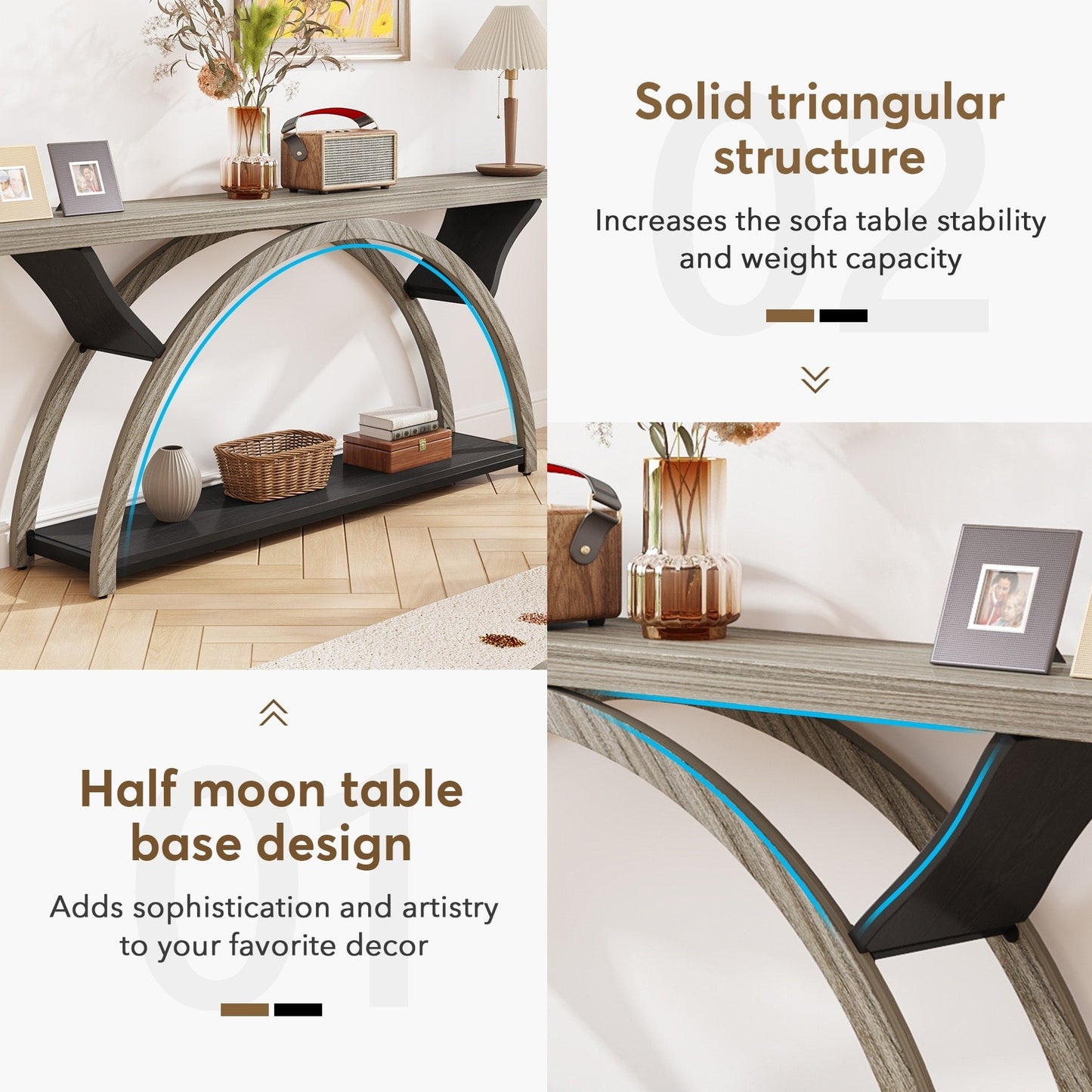 Table console de canapé étroite et longue à 2 niveaux avec cadre semi-circulaire pour entrée, tables d'appoint de couloir grises