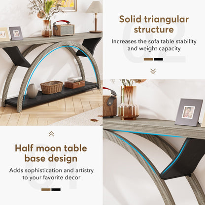 Table console de canapé étroite et longue à 2 niveaux avec cadre semi-circulaire pour entrée, tables d'appoint de couloir grises