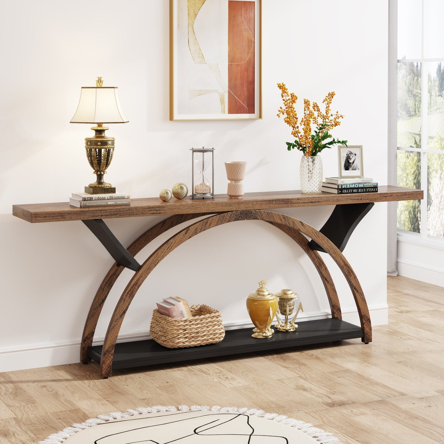 Table console de canapé étroite et longue à 2 niveaux avec cadre semi-circulaire pour entrée, tables d'appoint de couloir grises