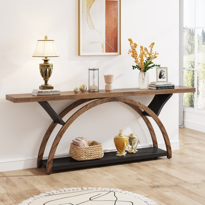 Table console de canapé étroite et longue à 2 niveaux avec cadre semi-circulaire pour entrée, tables d'appoint de couloir grises