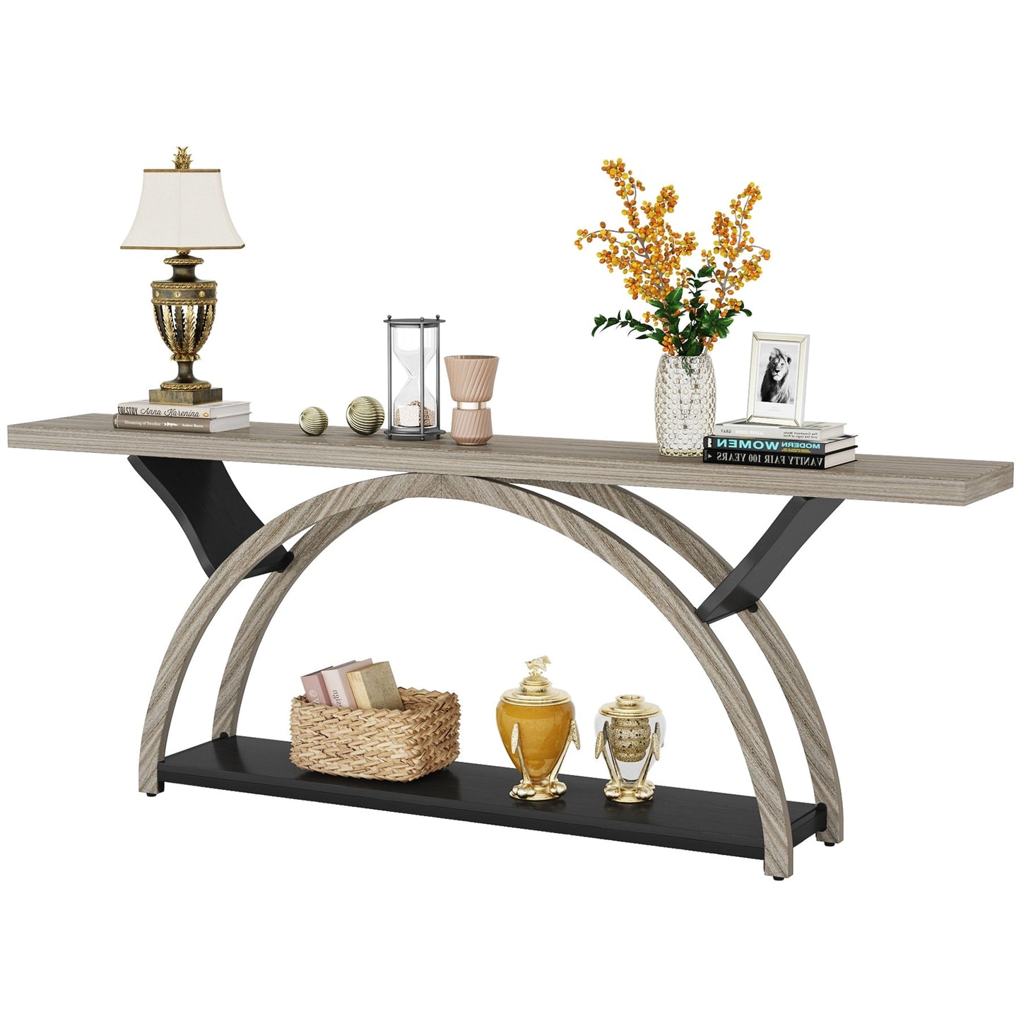 Table console de canapé étroite et longue à 2 niveaux avec cadre semi-circulaire pour entrée, tables d'appoint de couloir grises