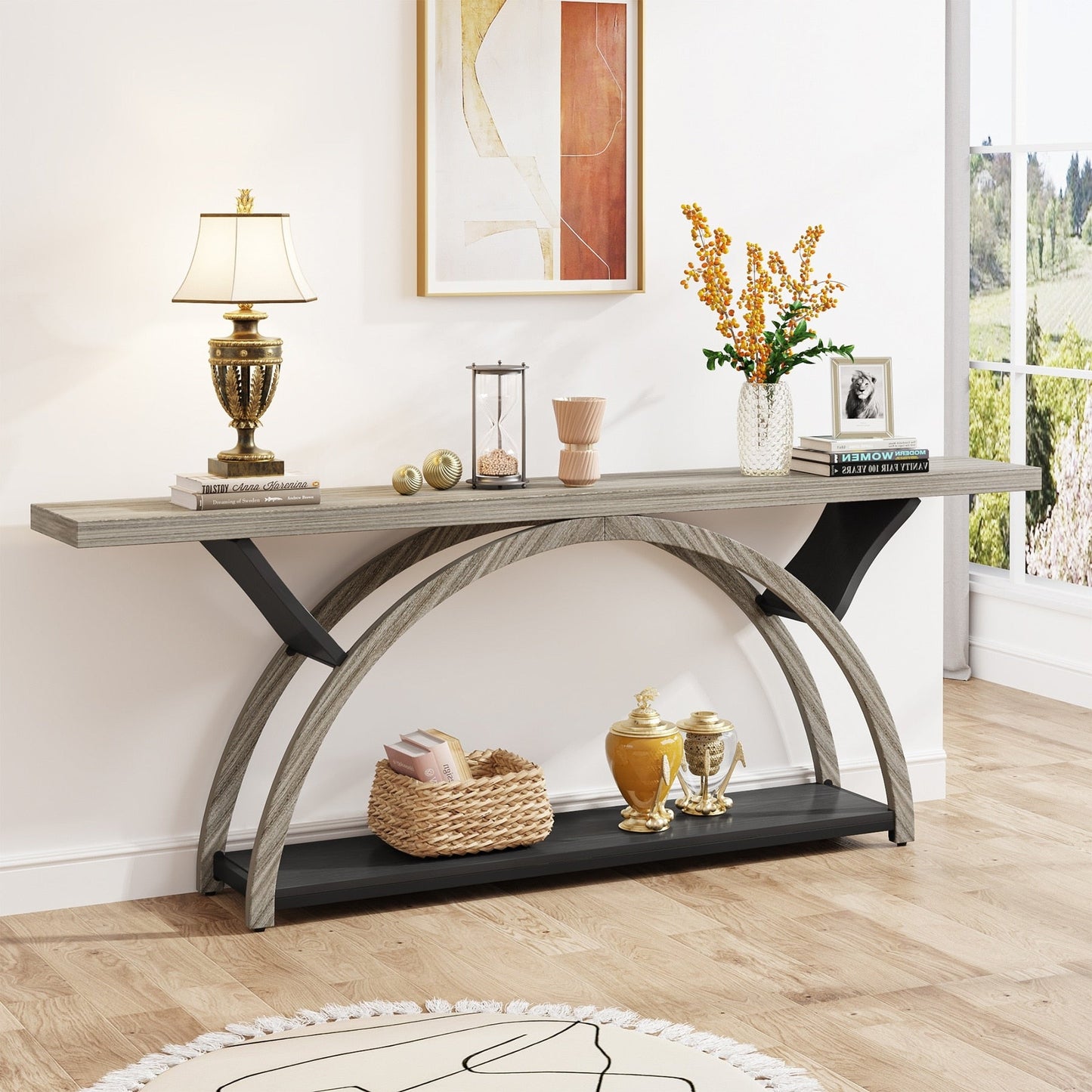 Table console de canapé étroite et longue à 2 niveaux avec cadre semi-circulaire pour entrée, tables d'appoint de couloir grises