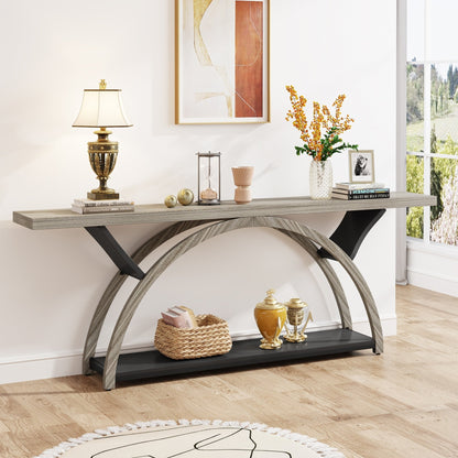 Table console de canapé étroite et longue à 2 niveaux avec cadre semi-circulaire pour entrée, tables d'appoint de couloir grises