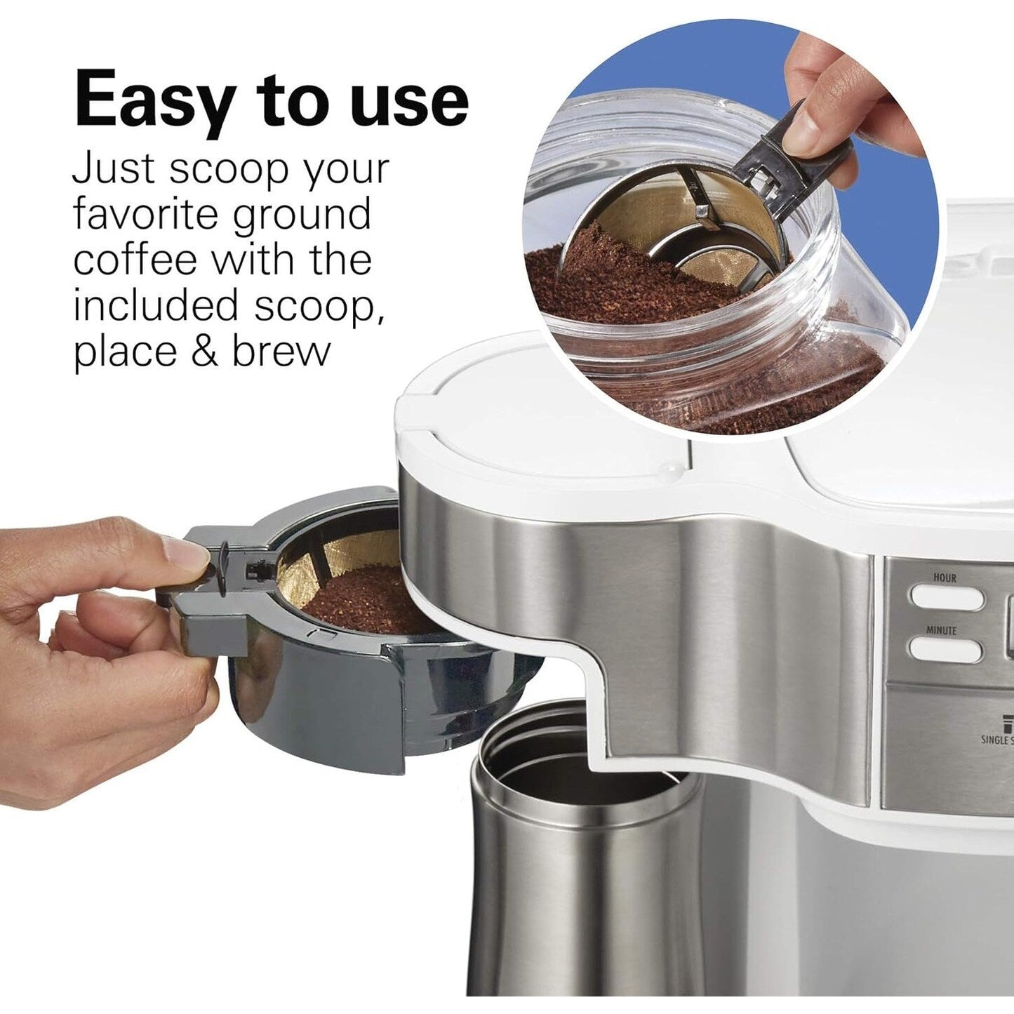 Machine à café 2 en 1, 12 tasses ou portion individuelle, carafe en verre, pause et service automatiques, blanc