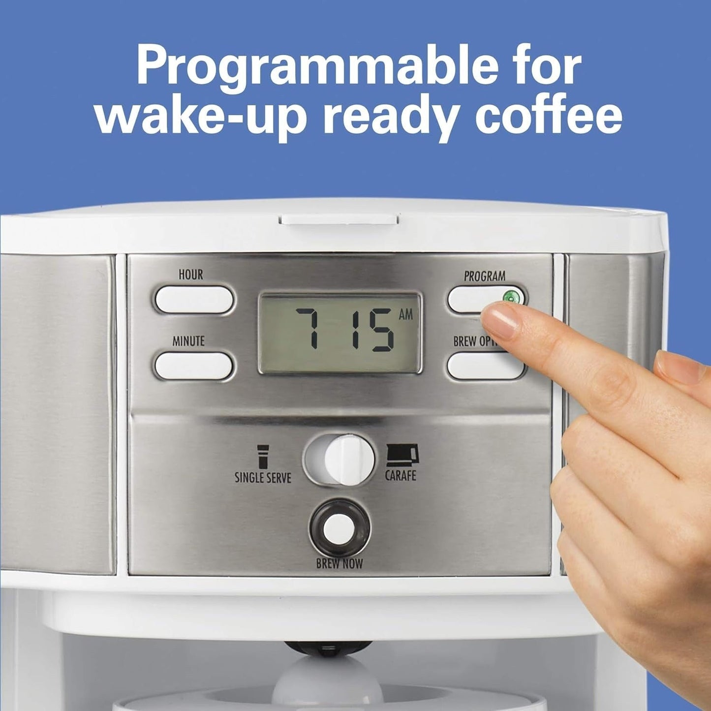 Machine à café 2 en 1, 12 tasses ou portion individuelle, carafe en verre, pause et service automatiques, blanc