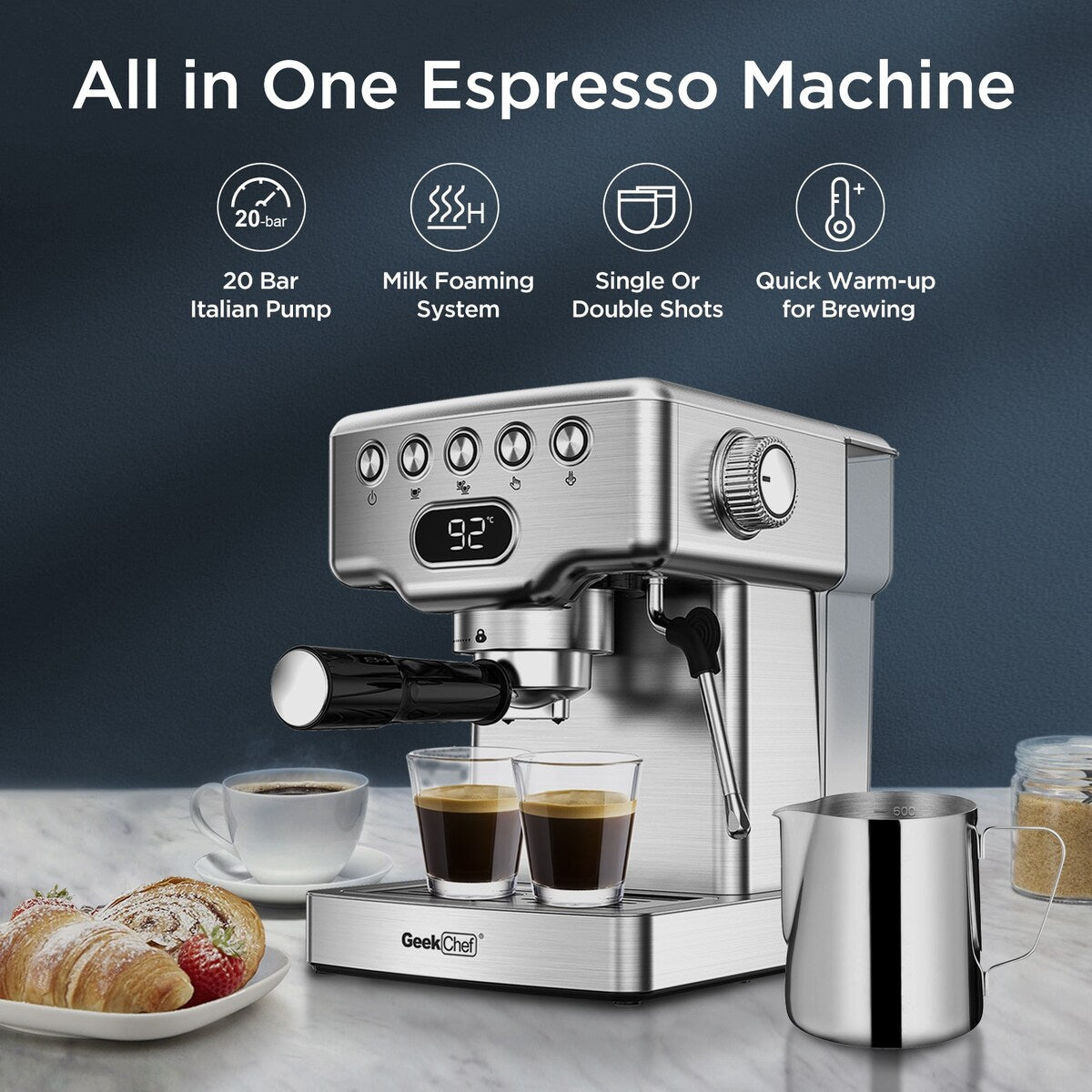 Machine à expresso semi-automatique en acier inoxydable argenté pour 20 tasses avec réservoir d'eau de 0,5 gallon.