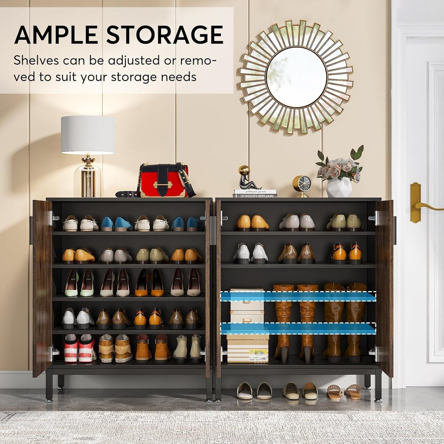 Meuble à chaussures moderne avec portes, pouvant contenir 20 paires, étagère à chaussures d'entrée autoportante à 6 niveaux.