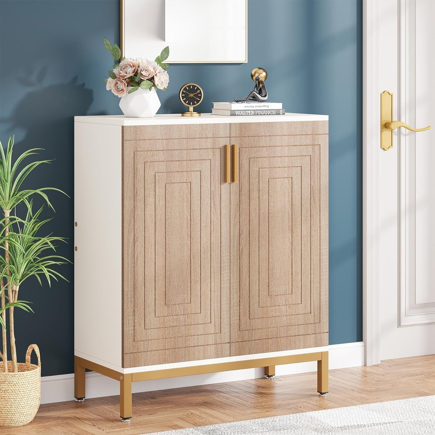 Meuble à chaussures pour 20 paires, meuble de rangement moderne de 95 cm avec portes, blanc et or.