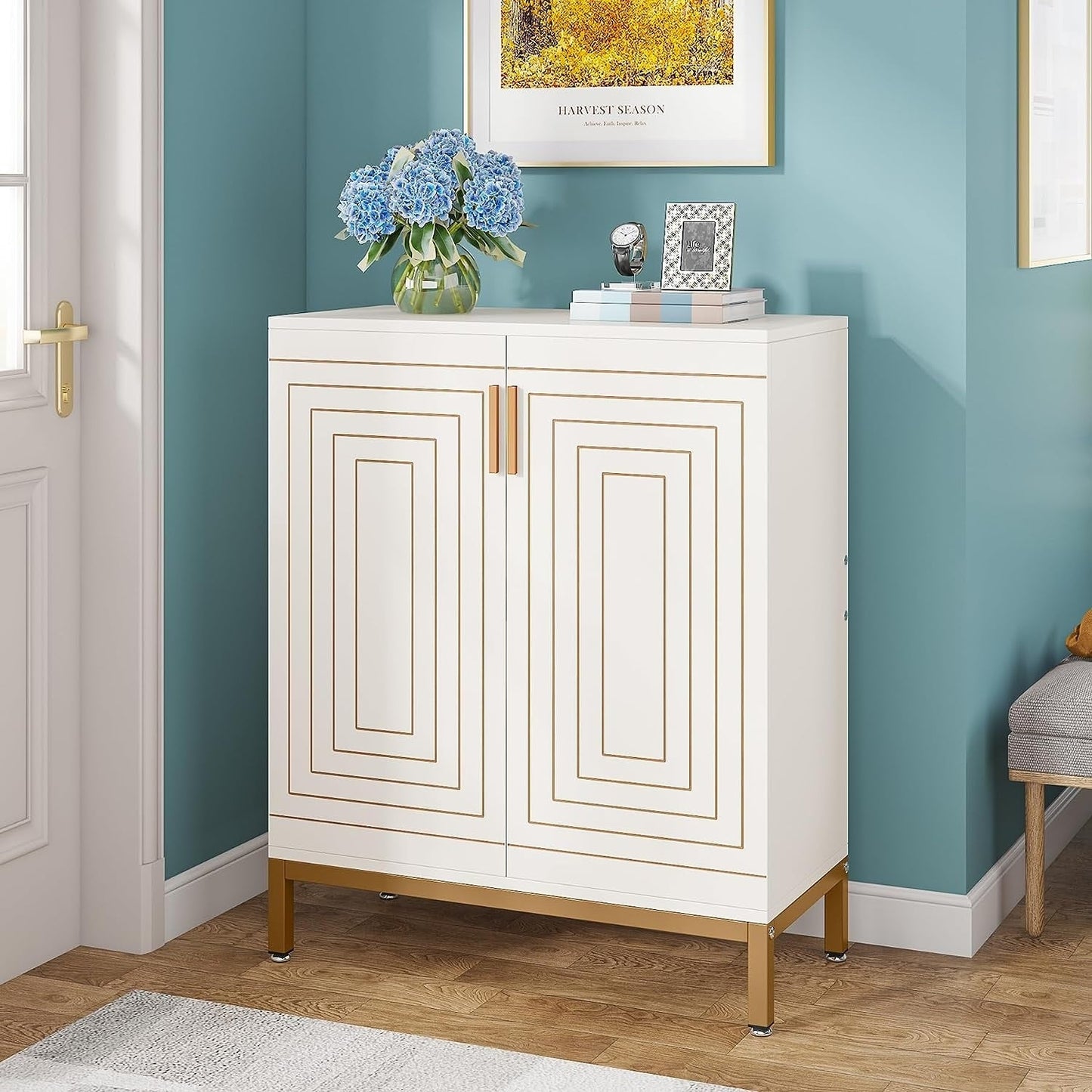 Meuble à chaussures pour 20 paires, meuble de rangement moderne de 95 cm avec portes, blanc et or.