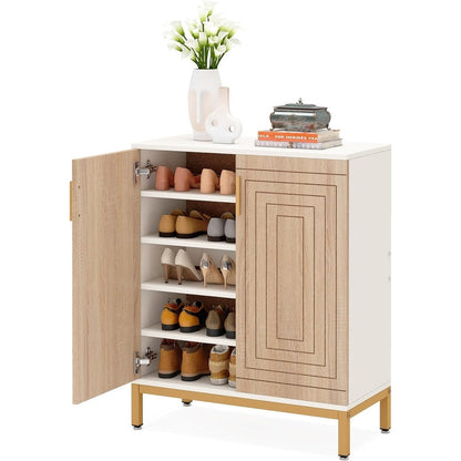 Meuble à chaussures pour 20 paires, meuble de rangement moderne de 95 cm avec portes, blanc et or.