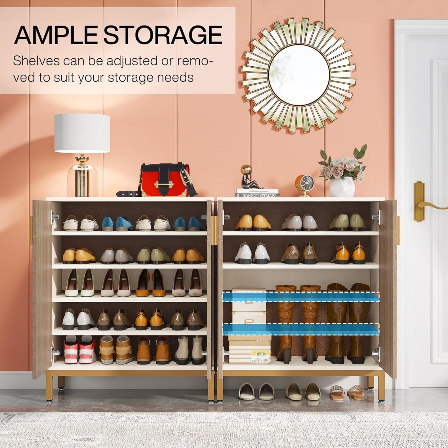 Meuble à chaussures pour 20 paires, meuble de rangement moderne de 95 cm avec portes, blanc et or.